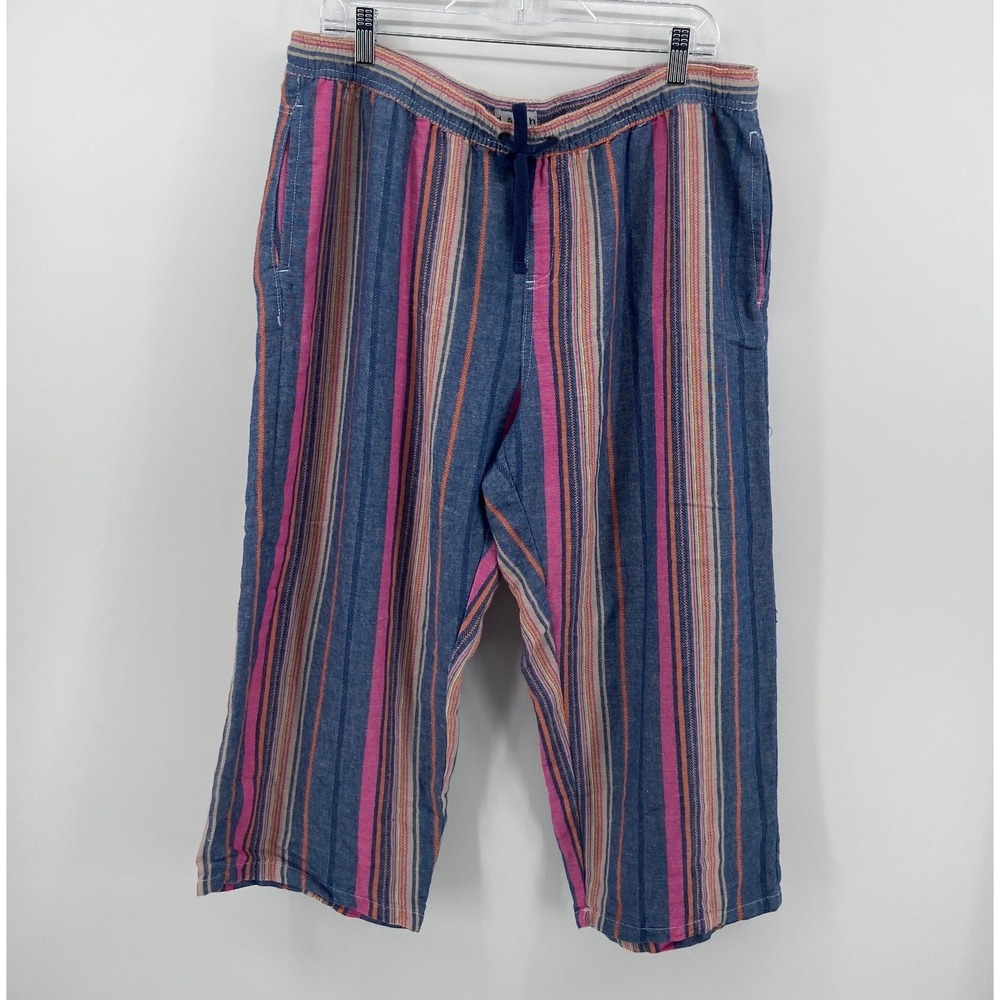 Dash Women XL Blue Pink Striped Linen Blend Cropped Pants Elastic Waist Casual